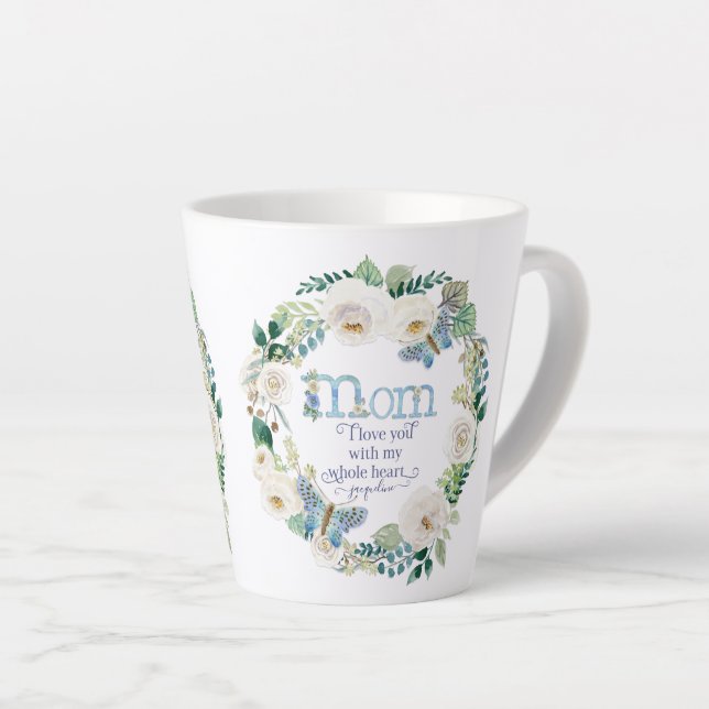 Tasse Latte Maman, je t'aime | Aquarelle Papillon floral blanc (Angle droit)