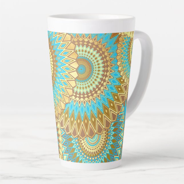 Tasse Latte Mandala bleu marron or chevauchant (Angle droit)