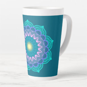 Tasse Latte Mandala Coloré sur Fond Bleu