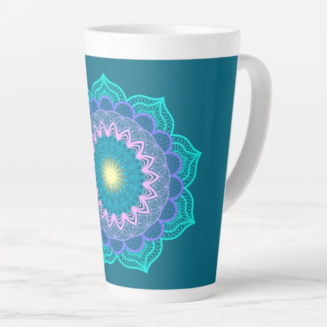 Tasse Latte Mandala Coloré sur Fond Bleu (Angle droit)