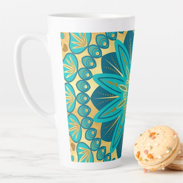 Tasse Latte Mandala Fleur Or Bleu (En situation)