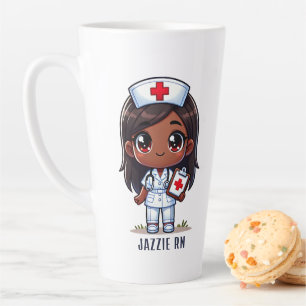 Tasse Latte Mange mange Noir Nurse Brunette Yeux Brown Personn