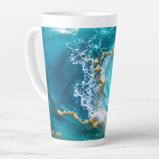 Tasse Latte Marbre d'Océan Turquoise Luxe avec Vagues de Feuil (Angle gauche)
