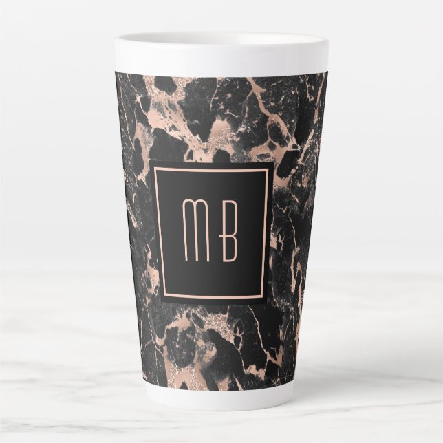 Tasse Latte Marbre Noir Or Rose Monogramme Élégant  (Devant)