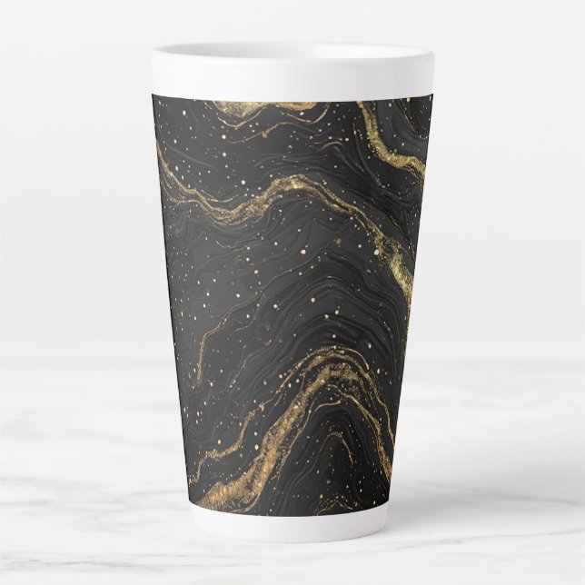 Tasse Latte Marbre Noir Veines D'Or Luxe Abstrait (Devant)