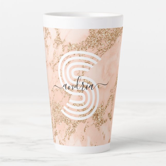 Tasse Latte Marbre Pailleté Rose Gold, Nom en Écriture Monogra (Devant)