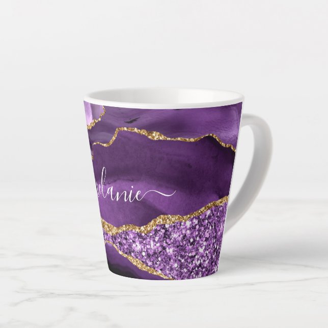 Tasse Latte Marbre Parties scintillant or violet Nom personnal (Angle droit)