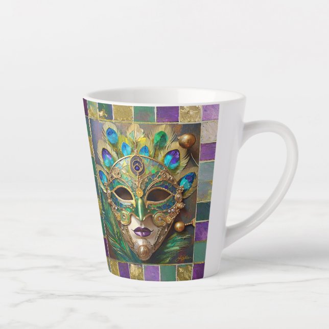 Tasse Latte Mardi Gras Gold Ceramic Peacock Feature Masque (Droite)