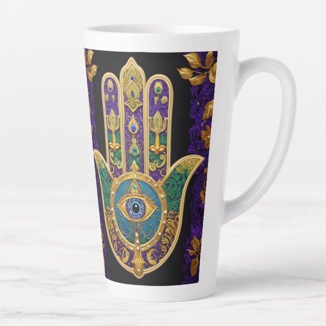 Tasse Latte Mardi Gras Or Violet Vert Hamsas Art (Droite)