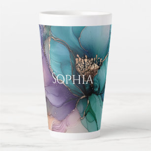 Tasse Latte Mariage Fleur Bleu Aqua Violet Doré Bain de Mariée