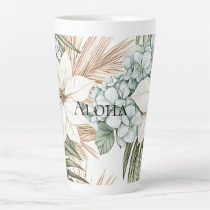 Tasse Latte Mariage Fleurs Blanches Bleu Tropical