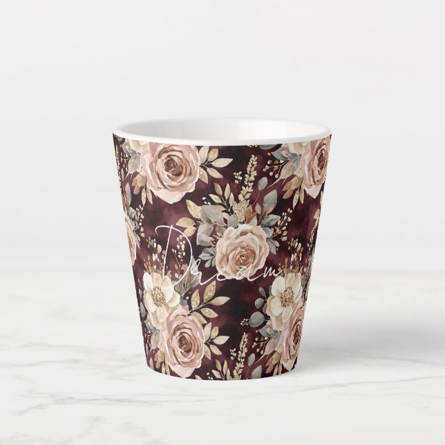 Tasse Latte Mariage Floral Rouge Bourgogne Rosé (Devant)