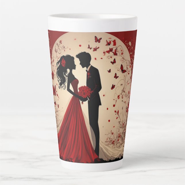 Tasse Latte Mariage Rouge Romantique Silhouette de la Mariée e (Devant)