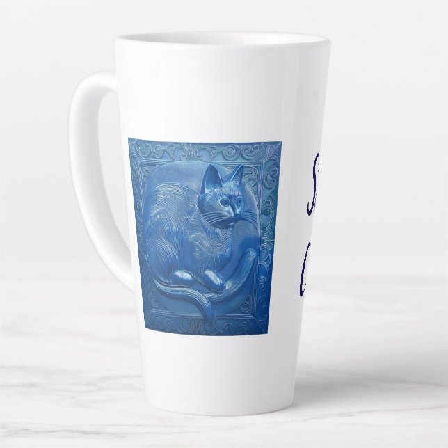 Tasse Latte Marine bleu Custom Art Nouveau chat élégant Chat L (Angle gauche)