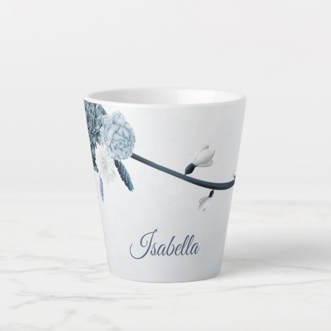Tasse Latte marine bleu poussiéreux fleurs botanique (Devant)