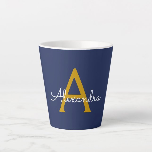 Tasse Latte Marine Blue Gold Modern Script Girl Monogramme Nom (Devant)