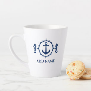 Tasse Latte Marine Blue Seahorse & Ancre Votre nom 2 Côté