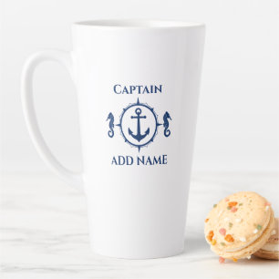 Tasse Latte Marine Seahorse & Ancre Nom ou Bateau 2 Côté Grand
