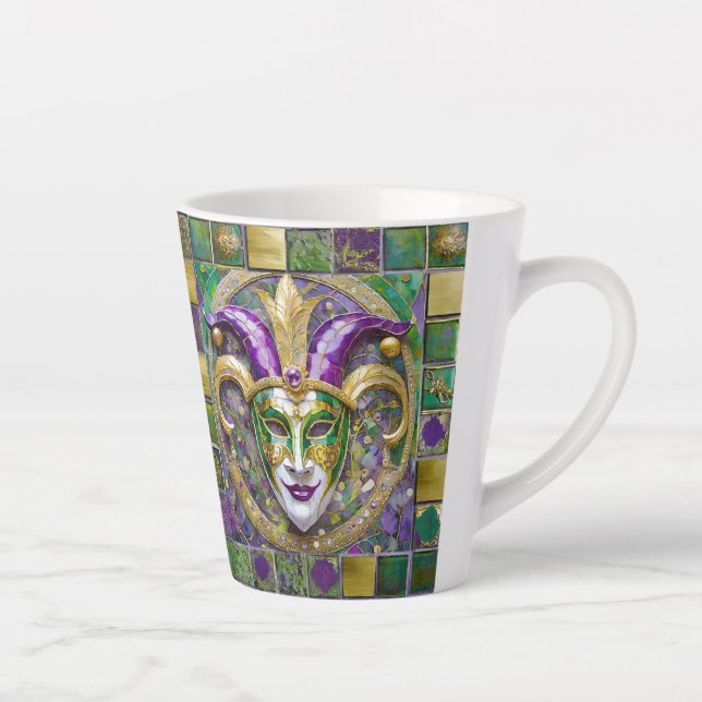 Tasse Latte Masque Mardi Gras Jester Vert Or (Droite)