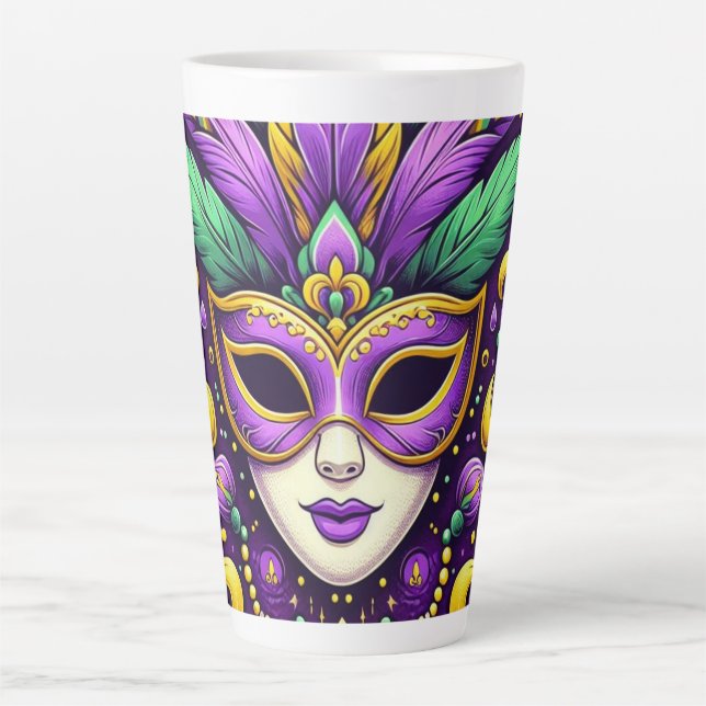 Tasse Latte Masque Mardi Gras/perles/fleur de lis (Devant)