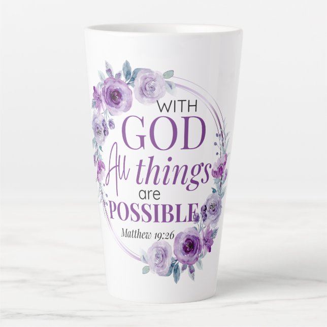 Tasse Latte Matthieu 19:26 Possible avec Dieu Floral Violet (Devant)