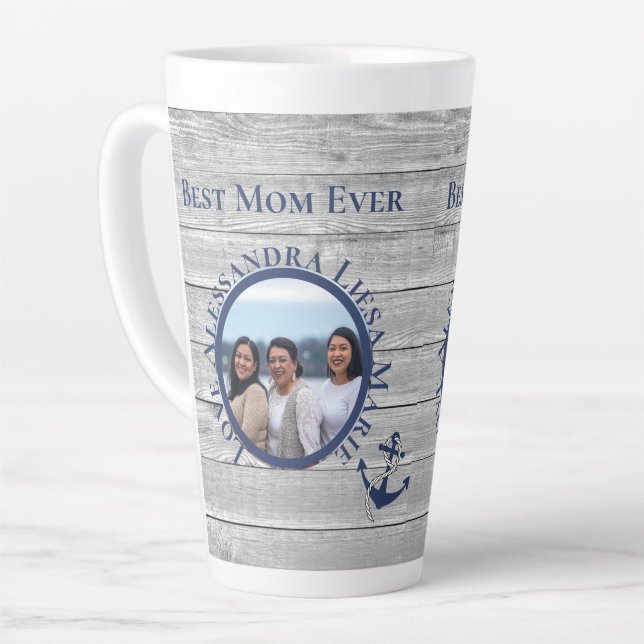 Tasse Latte Meilleure maman jamais Grey Wood Nautical Marine A (Angle gauche)