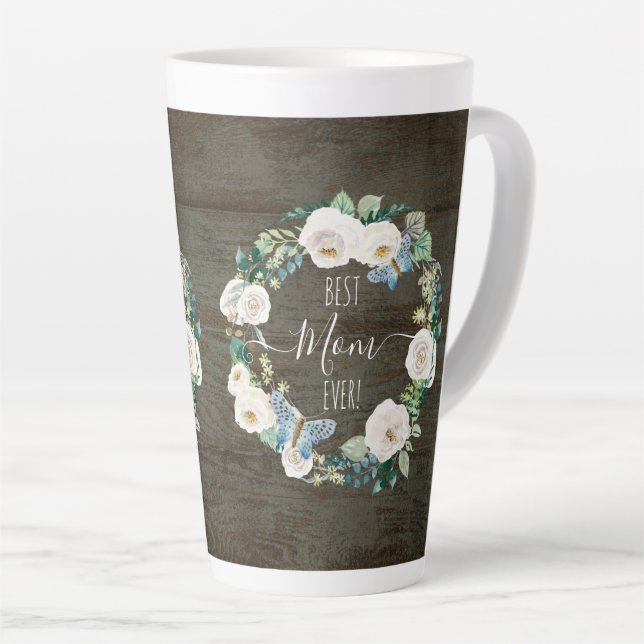 Tasse Latte Meilleure Maman Jamais Rustique Blanc Floral Aquar (Angle droit)