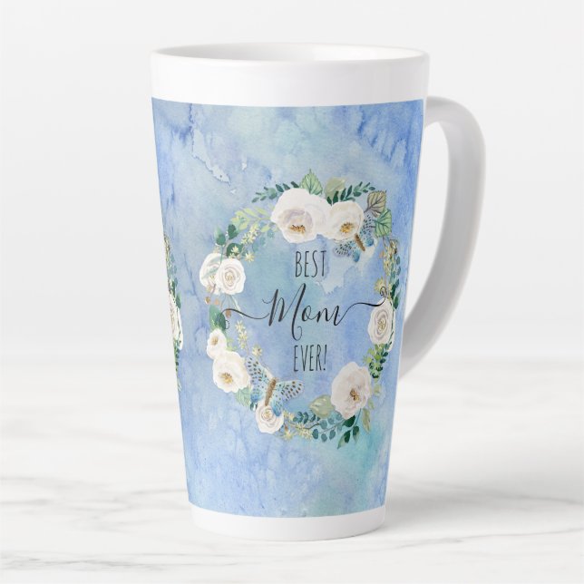 Tasse Latte Meilleure maman Jeu bleu n blanc Floral Aquarelle (Angle droit)