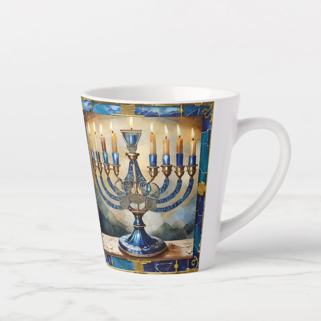 Tasse Latte Menorah de Hanukkah bleue (Droite)