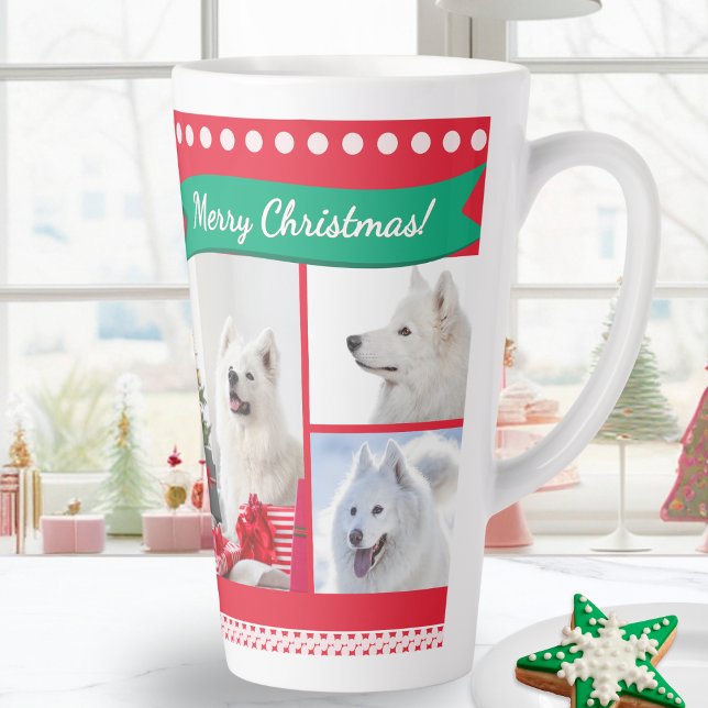 Tasse Latte Merry Christmas Dog Mom Pet Photos Personalized (A Christmas latte mug for the 'Best Dog Mom Ever', with custom names and pet photos)