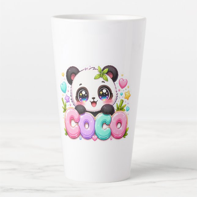 Tasse Latte Mignon Kawaii Coco Panda Nom Pastel Rose Étincelan (Devant)