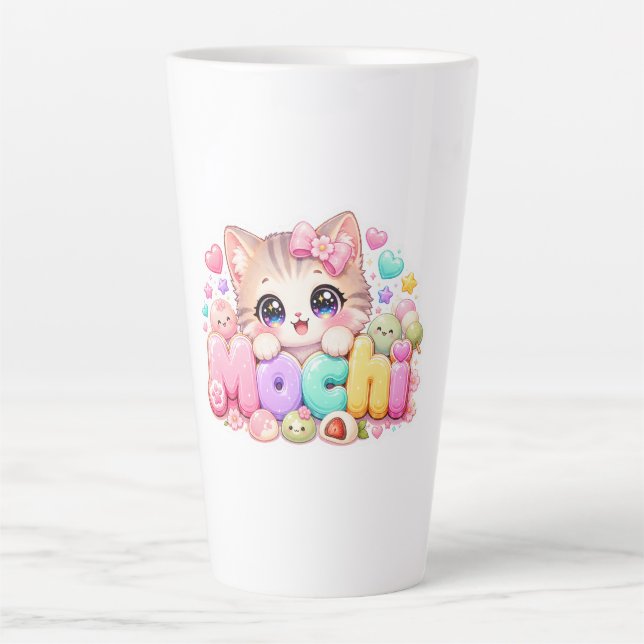 Tasse Latte Mignon Mochi Chat Nom Pastel Rose Étincelant K (Devant)