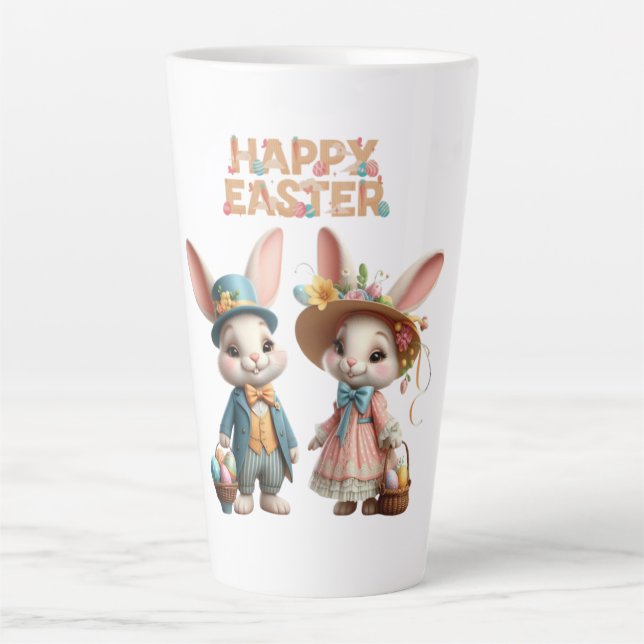 Tasse Latte Mignonne, Whimsical Joyeuse Pâques avec 2 lapins (Devant)