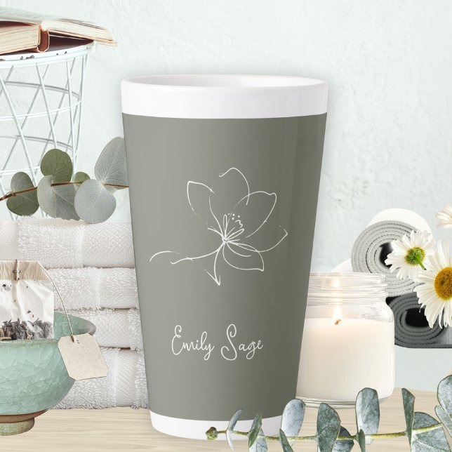 Tasse Latte Minimalist Floral Line Art Zen Ivory Sage Green (Minimalist Floral Line Art Zen Ivory Sage Green Latte Mug ©Susanne Sachers - Sunny Wanderlust 🌞✈️)