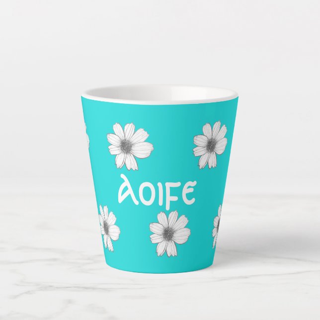 Tasse Latte Modèle floral Turquoise Blue nom personnalisé (Devant)