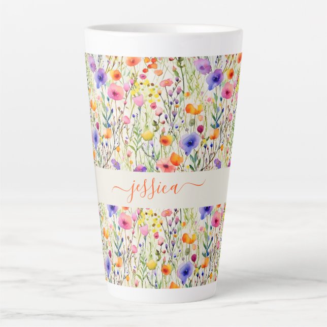 Tasse Latte Modern watercolor wildflowers pattern script name (Devant)