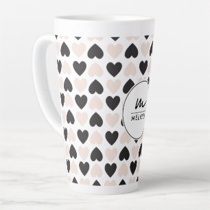 Tasse Latte Moderne Blush rose noir Coeurs d'amour Monogramme