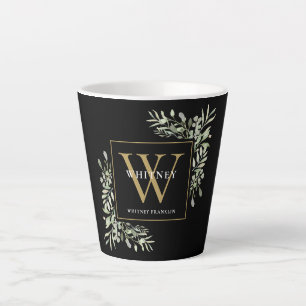 Tasse Latte Moderne Monogramme Doré Élégant Latte Noir Végétal