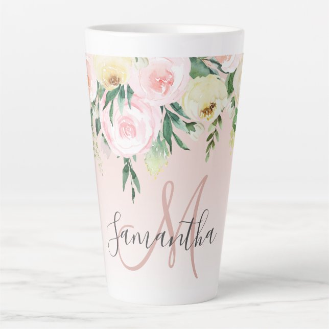 Tasse Latte Moderne Pastel Rose & Fleurs Avec Nom (Devant)