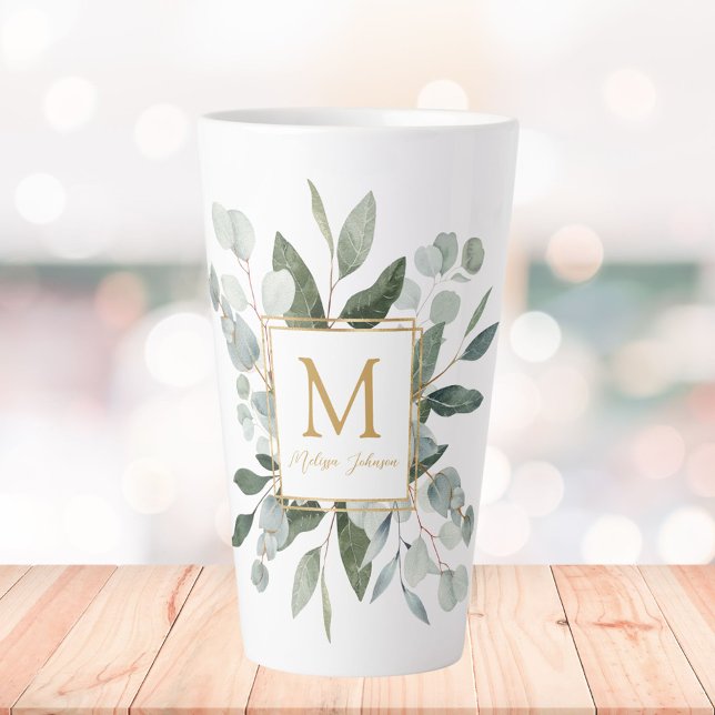 Tasse Latte Monogram Watercolor Tropical Green Leaves (In situ)
