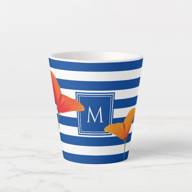 Tasse Latte Monogramme à rayures bleu chic (Devant)