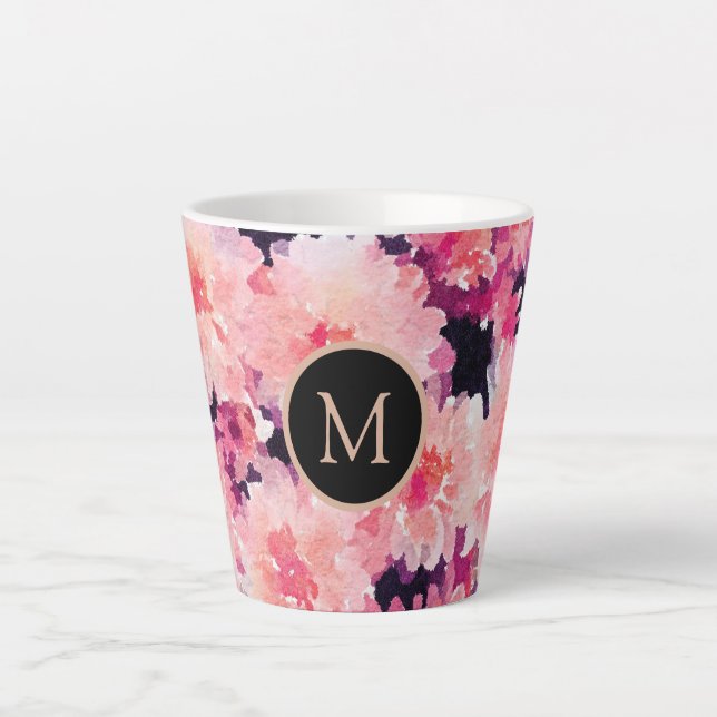 Tasse Latte monogramme Abstrait d'aquarelle rose (Devant)
