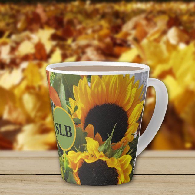 Tasse Latte Monogramme Autumn Sunflower Photo Imprimer 12oz (Créateur téléchargé)