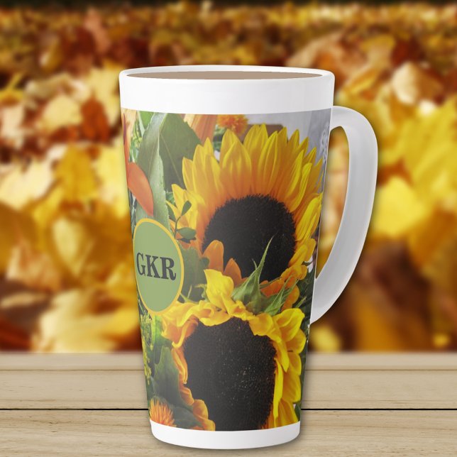 Tasse Latte Monogramme Autumn Sunflower Photo Imprimer 17oz (Créateur téléchargé)