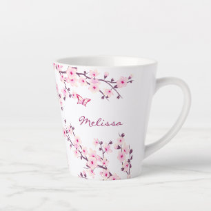 Tasse Latte Monogramme blanc rose Fleurs de cerisiers