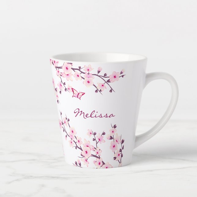 Tasse Latte Monogramme blanc rose Fleurs de cerisiers (Droite)