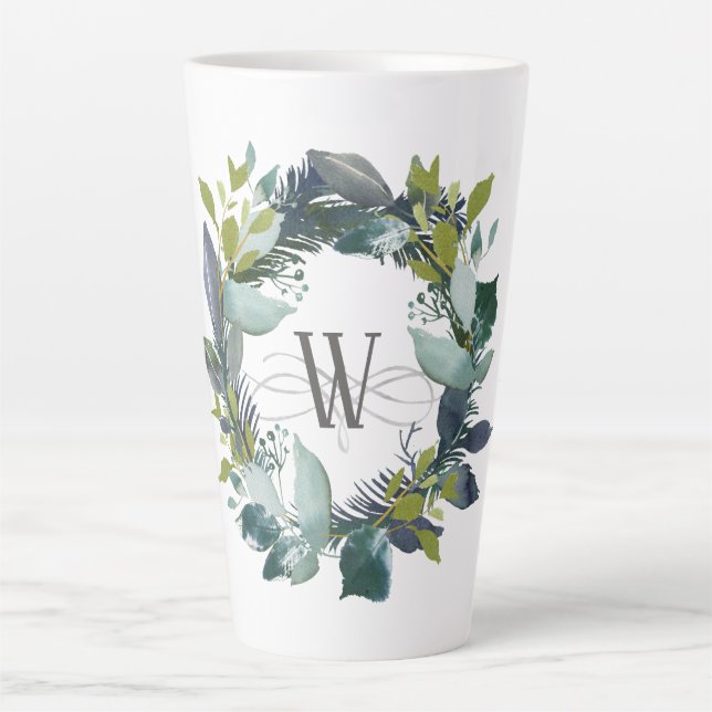 Tasse Latte Monogramme de couronne de laurier d'aquarelle russ (Devant)