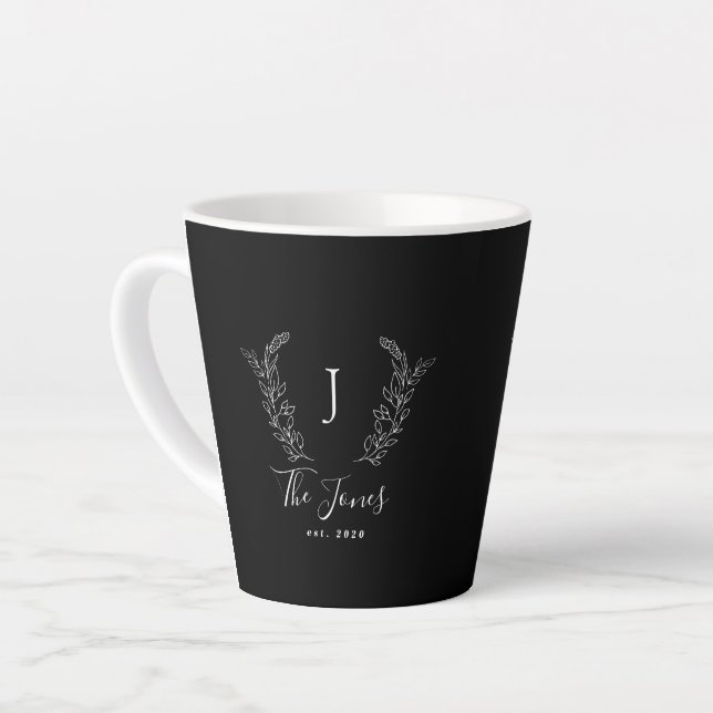 Tasse Latte monogramme de famille et nom personnalisé élégant (Angle gauche)