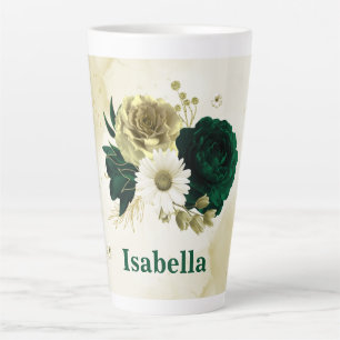 Tasse Latte Monogramme de fleurs d'or et d'ivoire vert émeraud