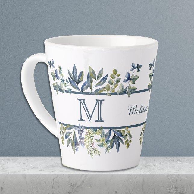 Tasse Latte Monogramme de la frontière Feuille en bleu d'Indig (Créateur téléchargé)